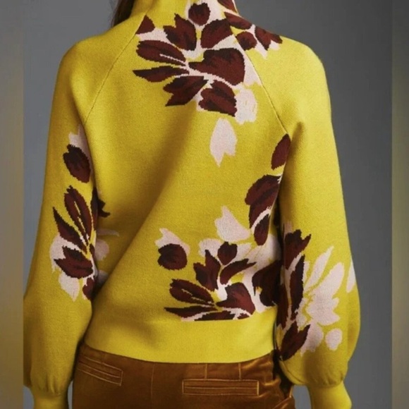 Anthropologie The Beatriz Mock Neck Floral Sweater Chartreuse Yellow Sz XXS - Picture 2 of 8